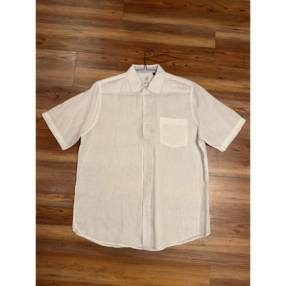 Raffi‎ Mens White Pure Linen Short Sleeve Button Down Shirt Size L Pocket